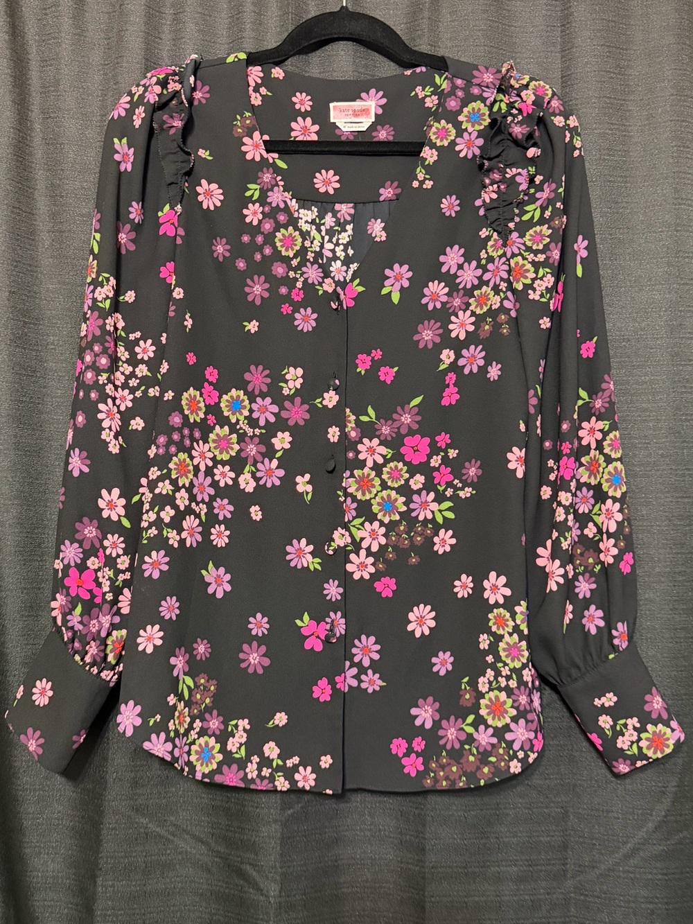 Kate Spadw Floral Button-Front Blouse - Black with Pink & Purple Flowers